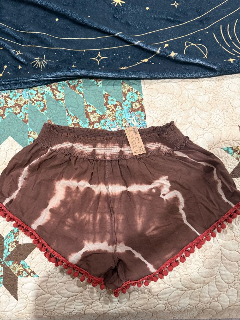 Natural Life Cotton Pom Pom Shorts - Brown Cream Tie-Dye size L